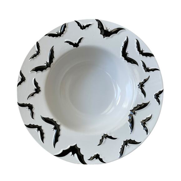 Halloween Embossed Bat Serving Bowl 13in Ceramic Black & White Spooky Boo NEW - Picture 13 of 13
